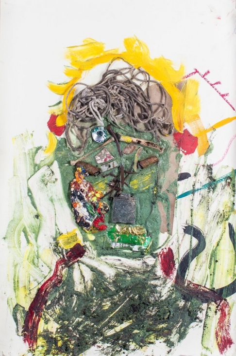 Tuco by Leroy Miranda Jr. | Mixed media assemblage using oil and acrylic paint and found objects on archival paper. Framed with Tuco
